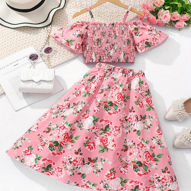Little Girl Cute Floral Print Top with Skirt Pants Party Set childrensterritory
