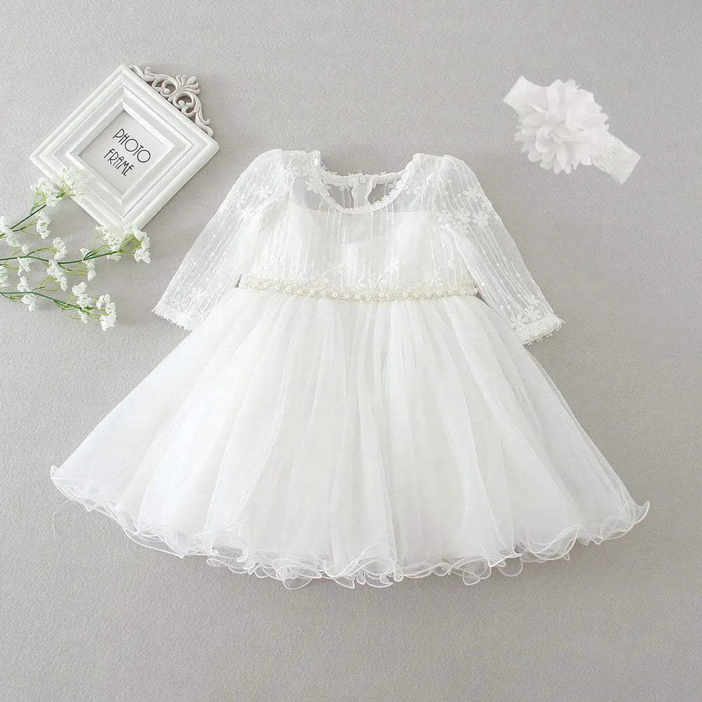 Little Girls Bow Lace Design White Baptism/Bridesmaid Dresses