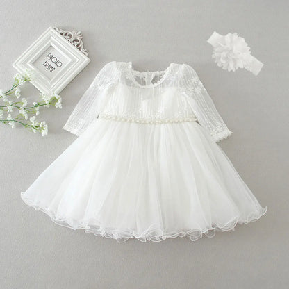 Little Girls Bow Lace Design White Baptism/Bridesmaid Dresses