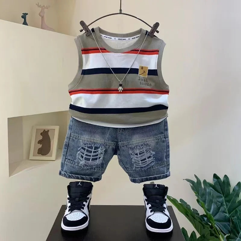 Little Boys Striped Sleeveless Shirt And Jeans Shorts Suit Set childrensterritory