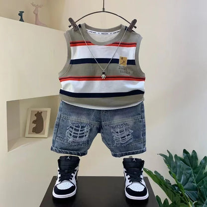 Little Boys Striped Sleeveless Shirt And Jeans Shorts Suit Set childrensterritory