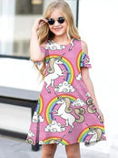 Unicorn Print Kids Girls Half Sleeve Retro Style Loose Dress