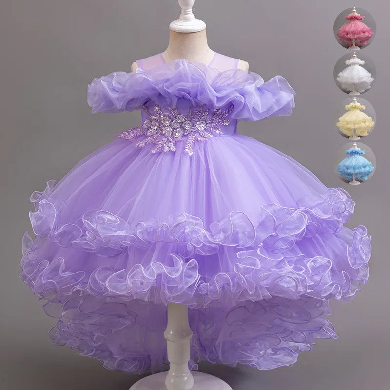 Kids Girls Soft Gauze Solid Color Party Desses with Trailing childrensterritory
