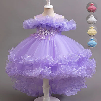 Kids Girls Soft Gauze Solid Color Party Desses with Trailing childrensterritory