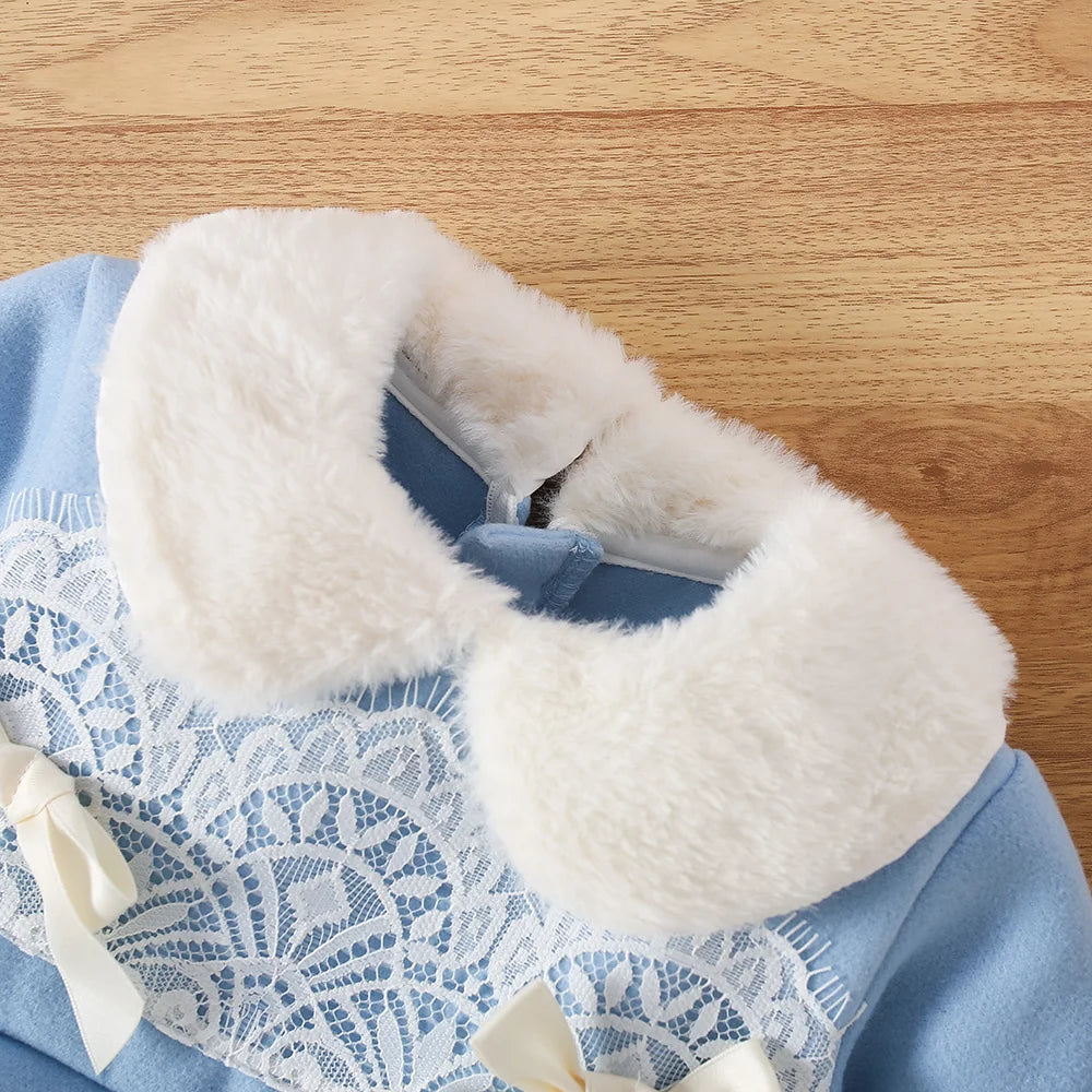 Girls' Furry Collar Ribbon Design Winter Dresses