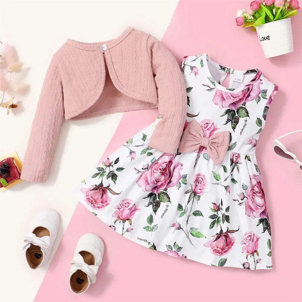 Baby Girl Party Wear Floral Dress with Ribbed Overcoat 2PCS Set childrensterritory