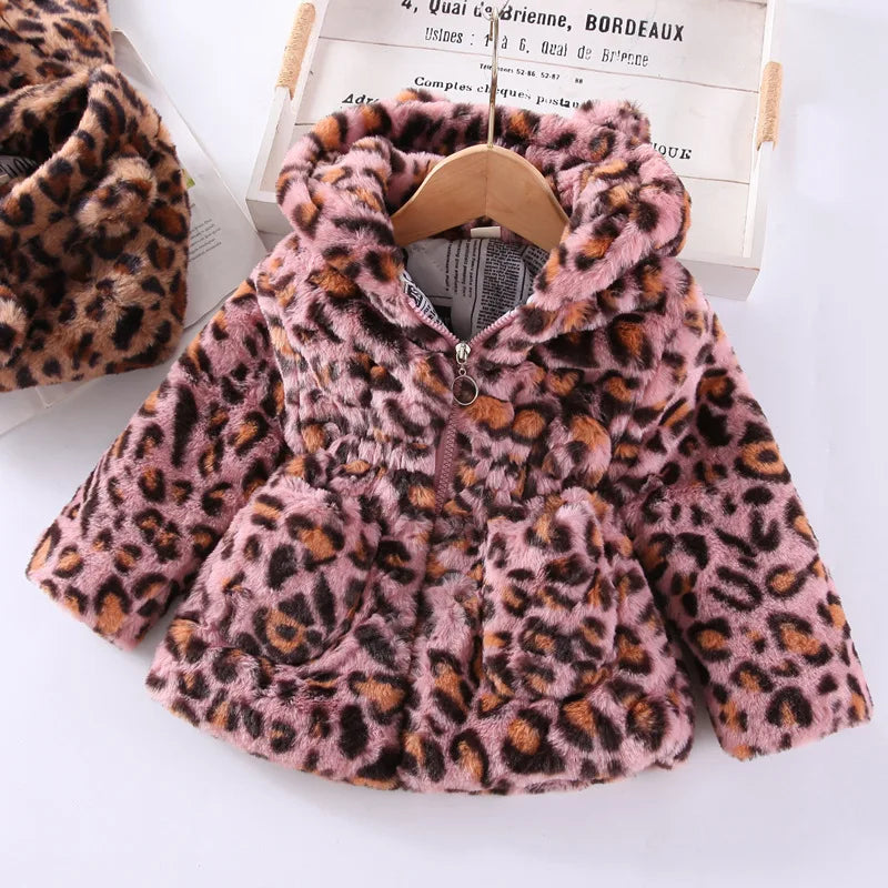 Leopard Print Girls Loose Warm Hooded Jackets childrensterritory