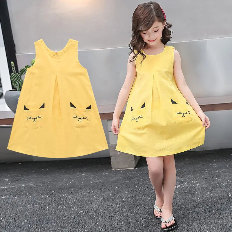 Kids Girls Sleeveless Kitty Design Summer Party Dresses