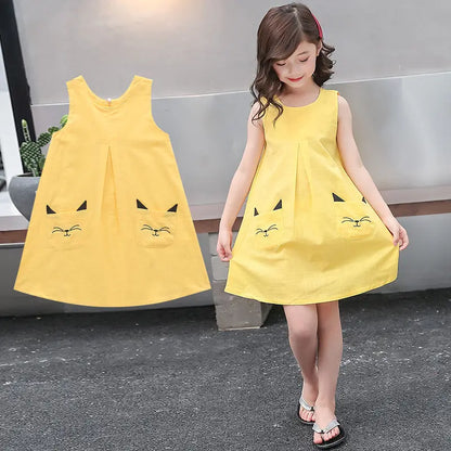 Kids Girls Sleeveless Kitty Design Summer Party Dresses
