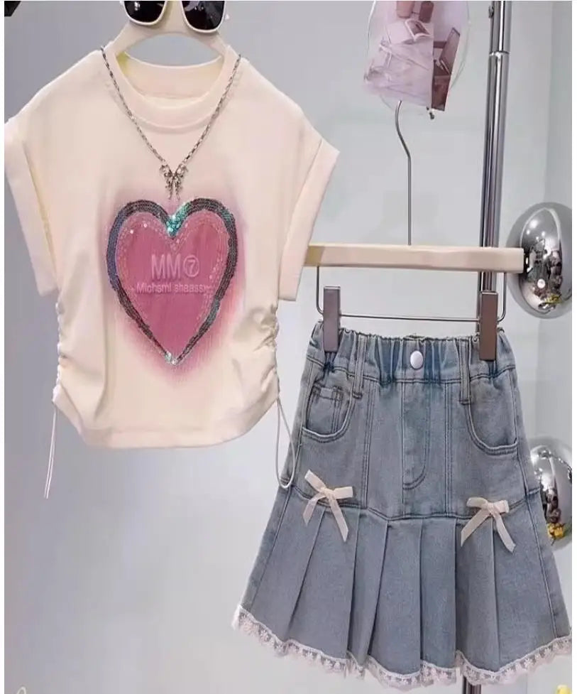 Kids Girls Floral Wrap-Hip Dress with a Heart Sequin T-shirt childrensterritory