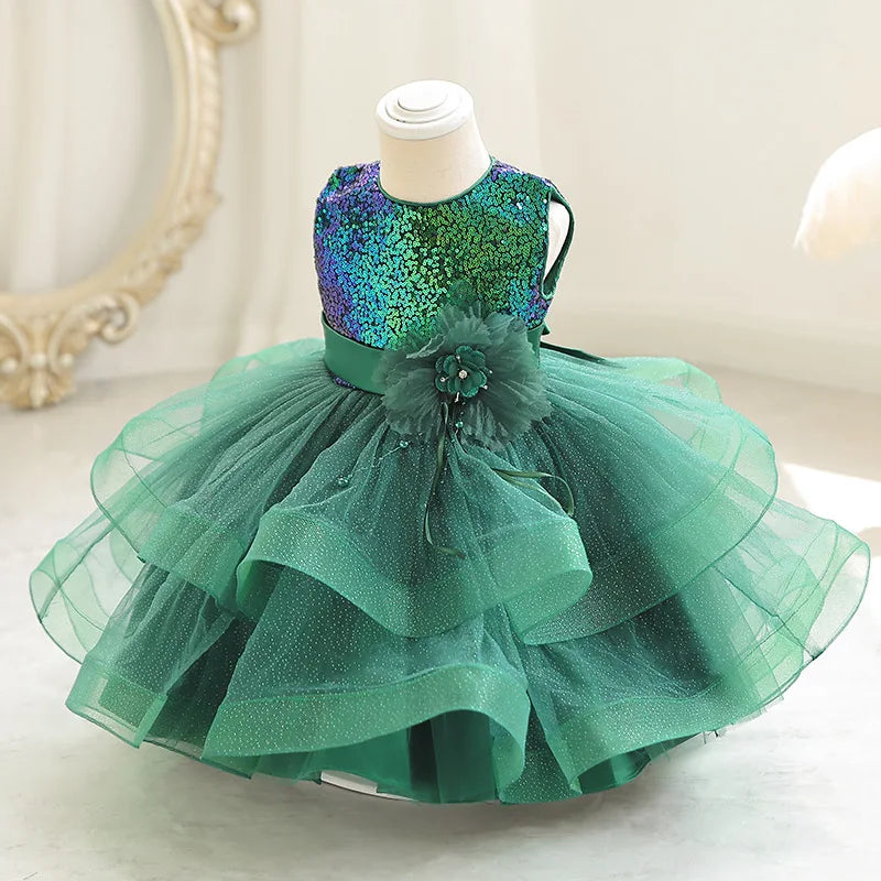 Kids Girl Fluffy Mesh Flower Dress for Baptism/Wedding