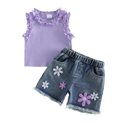 Baby Girl 2 Pcs Ruffled Sleeveless Tops with Denim Shorts Set