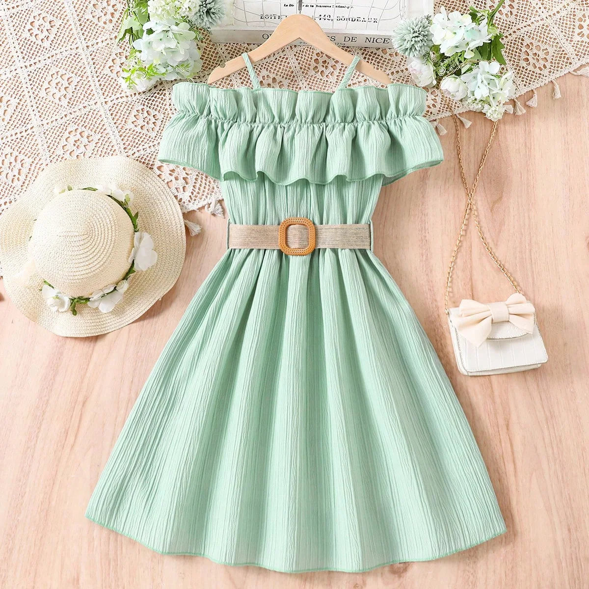 Kids Girls Off Shoulder Formal Summer Party Dresses With Belt
