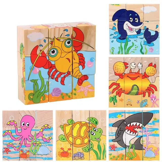 Kids Six Side Cube Jigsaw Wooden Blocks Toys