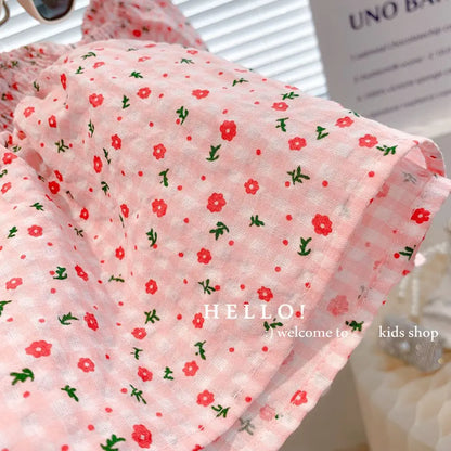 Korean Style Square Collar Little Girls Floral Pleated Tops childrensterritory