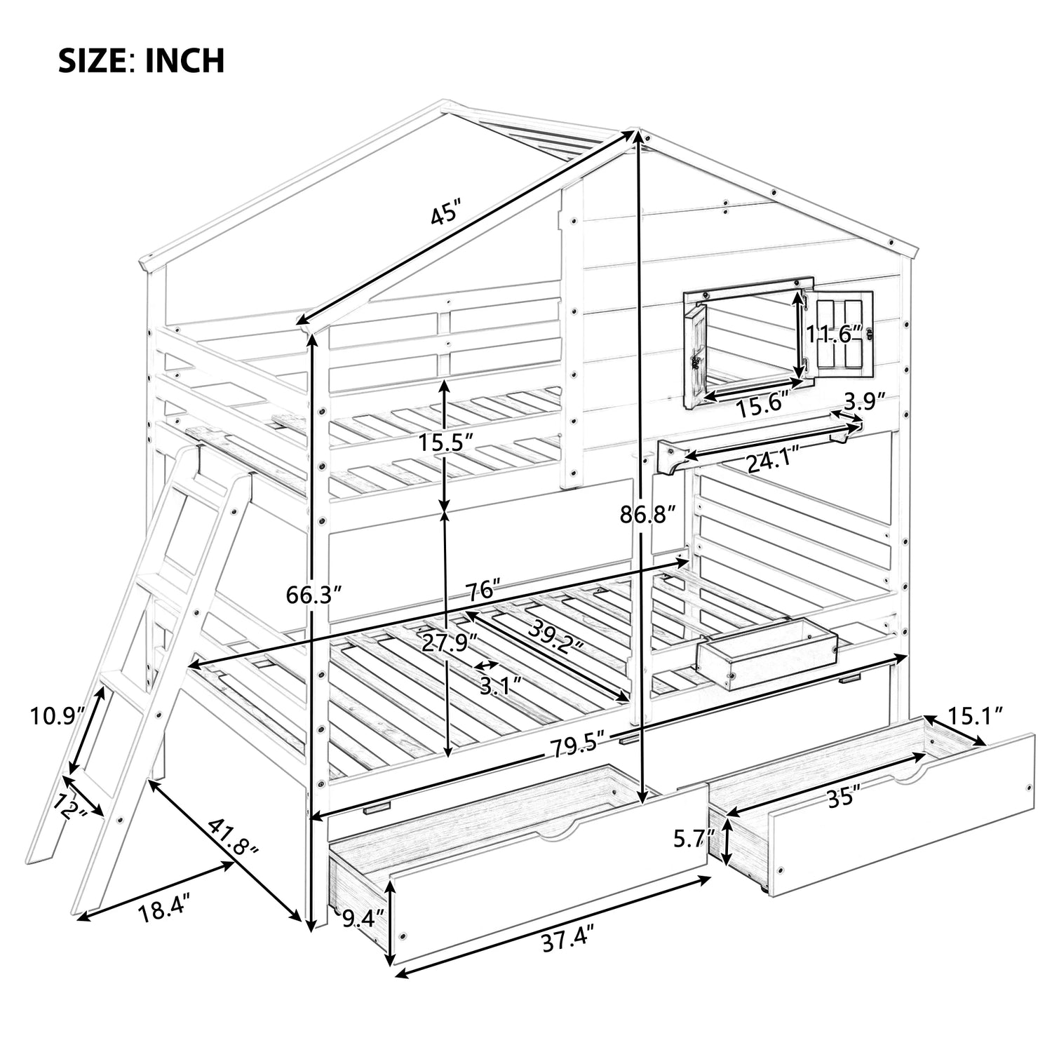 Hut Design Twin over Twin Bunk Bed with Window and Two Drawers childrensterritory