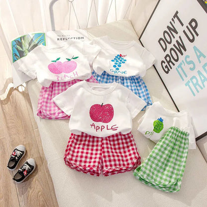 2Pcs Baby Girls Short Sleeved Tees and Plaid Shorts Outfit Set childrensterritory
