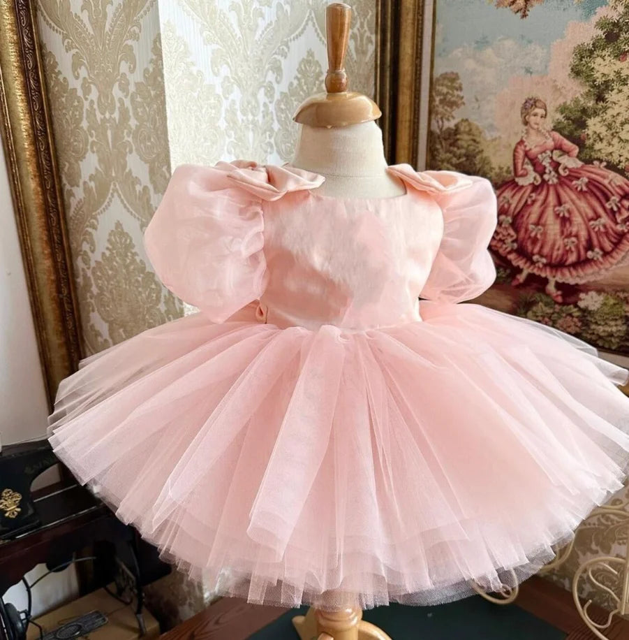 Little Girl Puff Sleeves Wedding Party Gown With Bow Puff Design childrensterritory