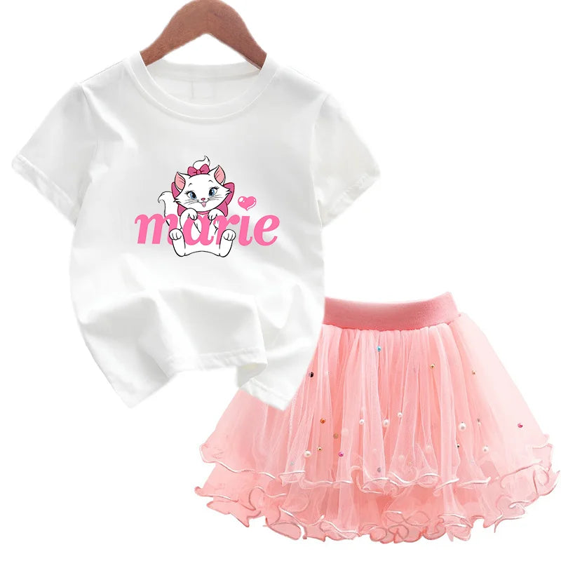 Kids Girls Marie Cat Design Summer T-shirt &amp; Tutu Skirt Set childrensterritory