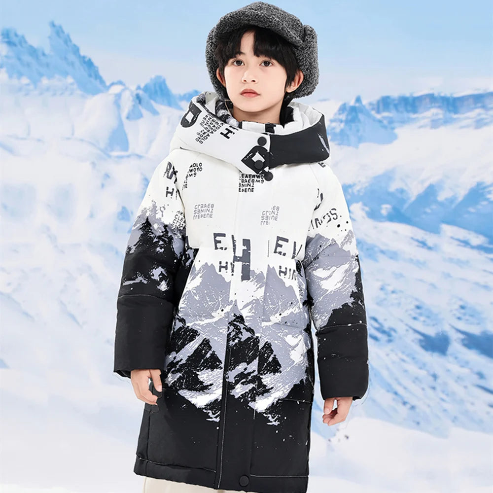 Warm Duck Down Padded Long Winter Snow Jacket for Kids