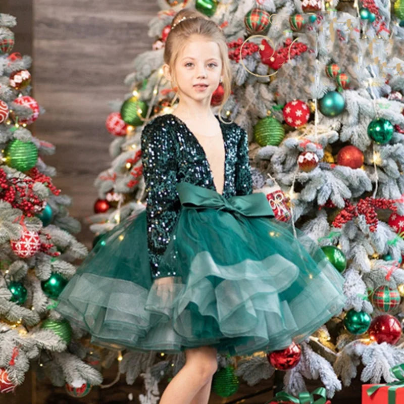Kid Girls Ball Gown/Party Dress with a Deep V Neck &amp; Big Bow Puff
