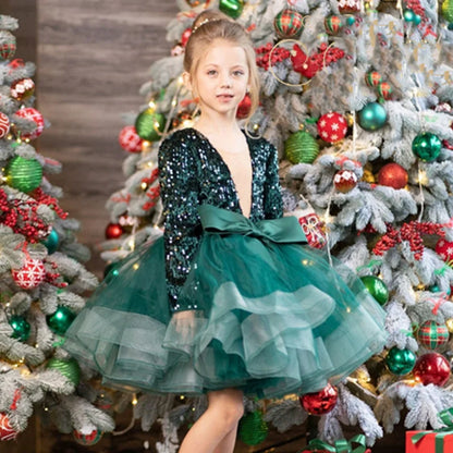 Kid Girls Ball Gown/Party Dress with a Deep V Neck &amp; Big Bow Puff