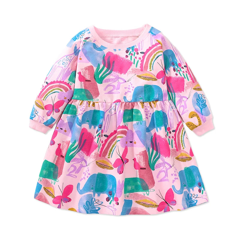 Rainbow Print Round Neck Soft Dresses For Girls childrensterritory