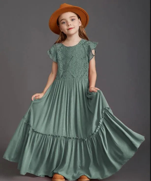Lace Design Kids Girls Long Cotton Dresses for Summer childrensterritory