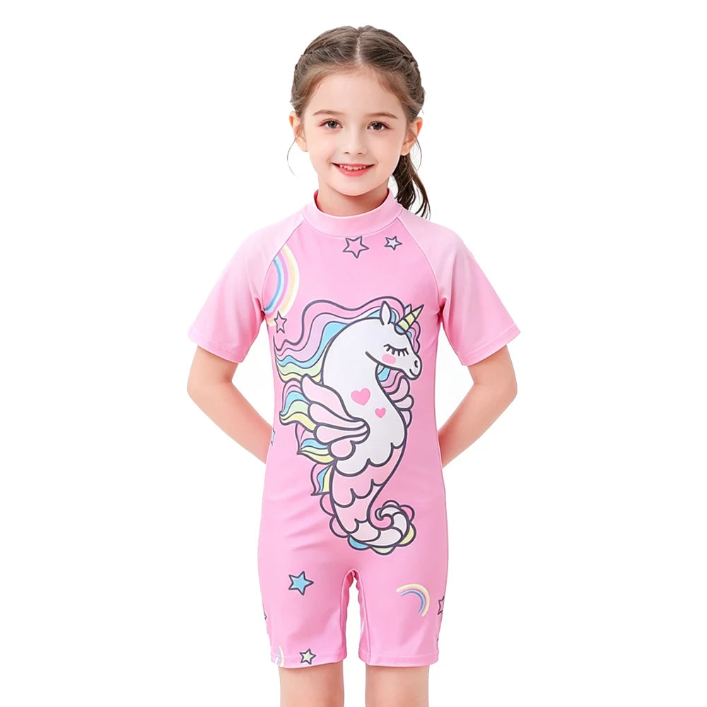 Kids Girls One-Piece Cartoon Print UV Swimsuits