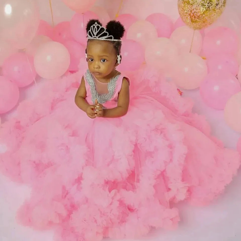 Fluffy, Floor-Length, Layered Pink Princess Ball Gown for Girls