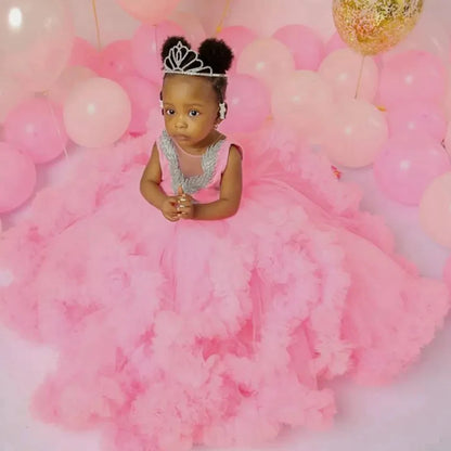 Fluffy, Floor-Length, Layered Pink Princess Ball Gown for Girls childrensterritory