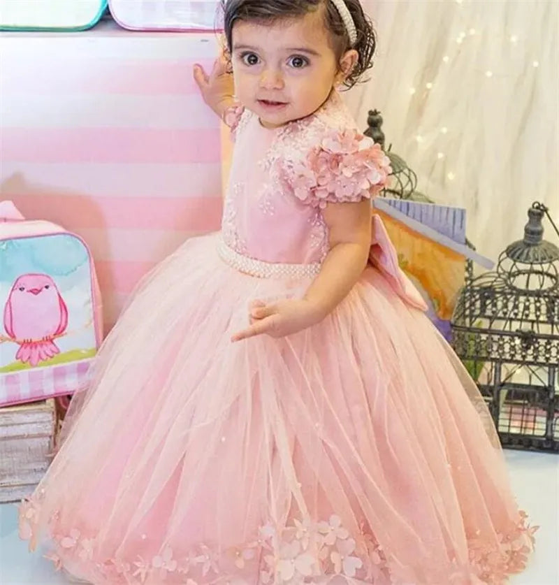 Tulle 3D Flower Design Birthday Party Gowns For Little Girls childrensterritory
