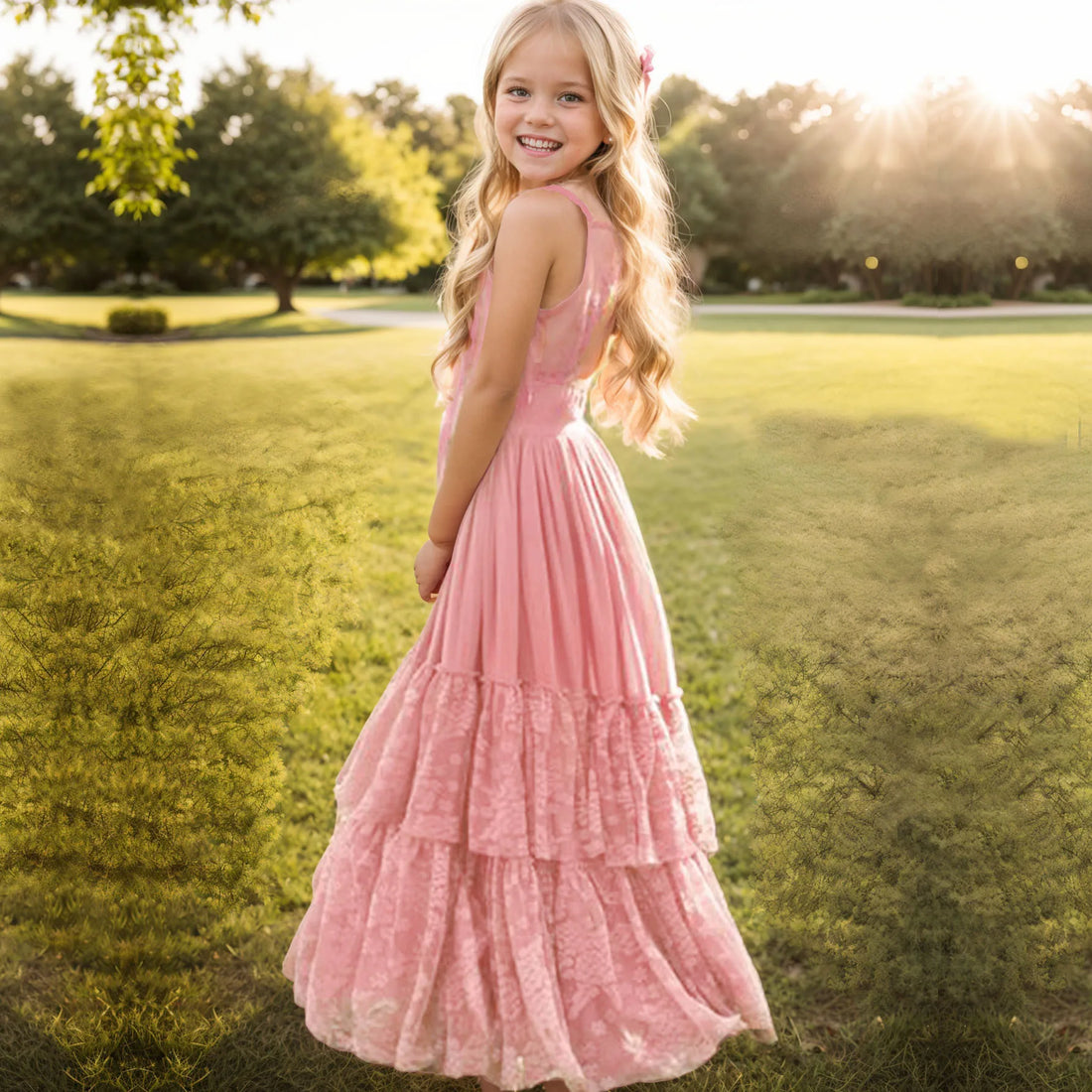 Girls Bohemia Lace Design Backless Chiffon Long Dresses childrensterritory