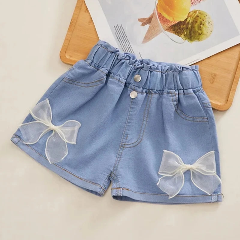 Kids Girls Korean Style Bow Design Denim Shorts and Skirts childrensterritory