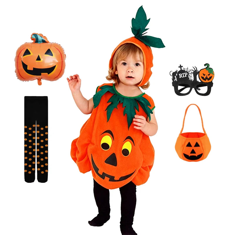 Kids Girls Fancy Cosplay Dresses for Halloween with Pumpkin Bag