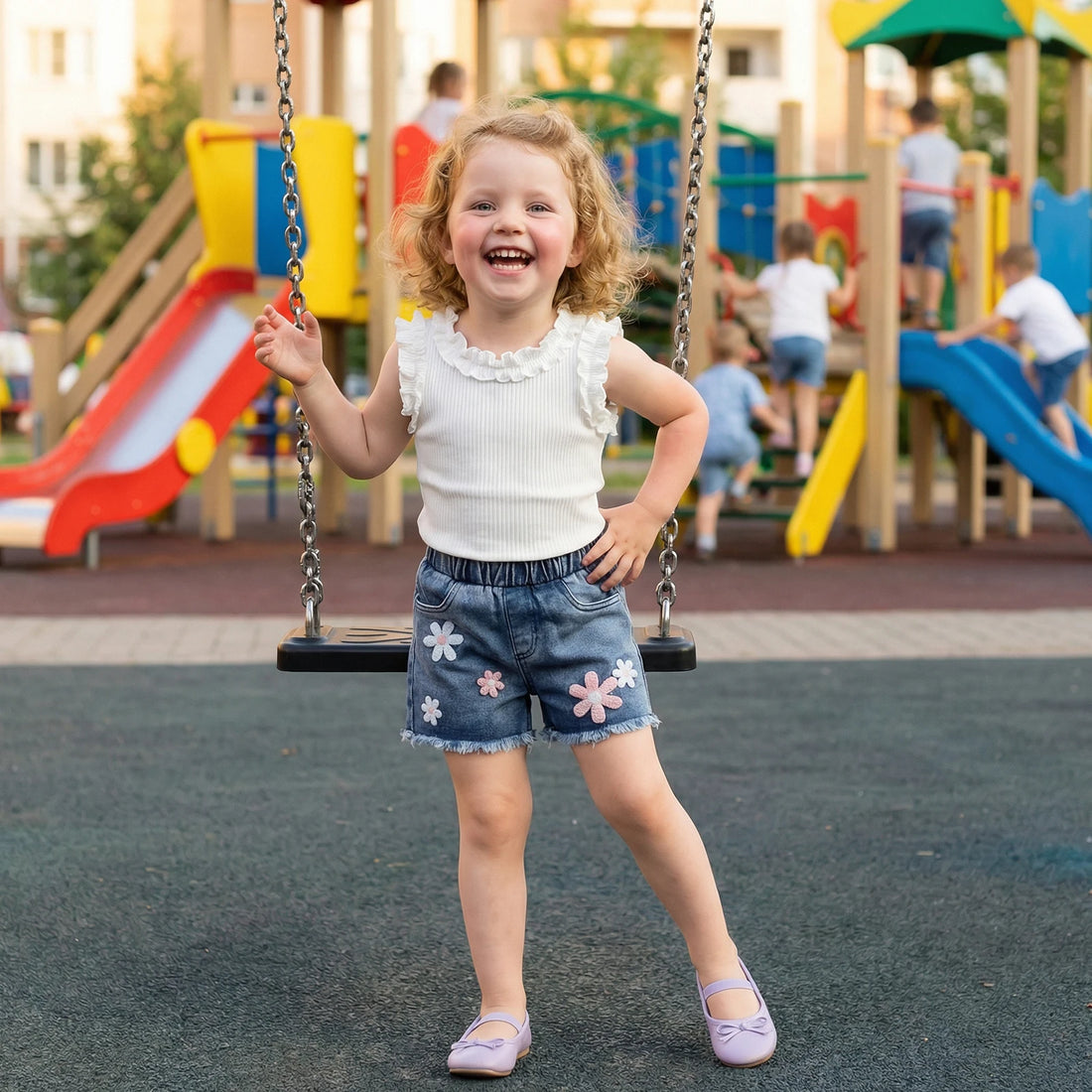 Baby Girl 2 Pcs Ruffled Sleeveless Tops with Denim Shorts Set