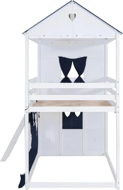 Hut Design Twin over Twin Bunk Bed with Window and Two Drawers