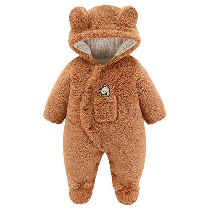 Baby Cartoon Pattern Hooded Fleece Rompers