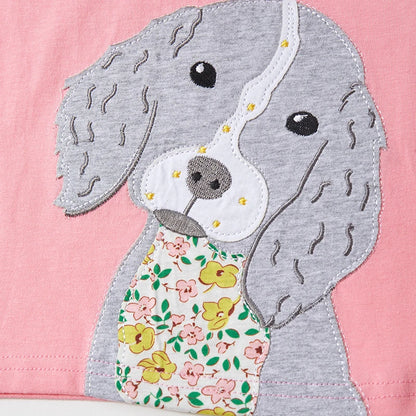 Kids Girls Cartoon Dog Embroidery Summer Pink Top childrensterritory