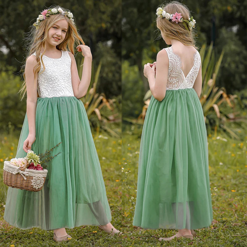 Kids Girls Lace Design Long Mesh Princess Dresses childrensterritory