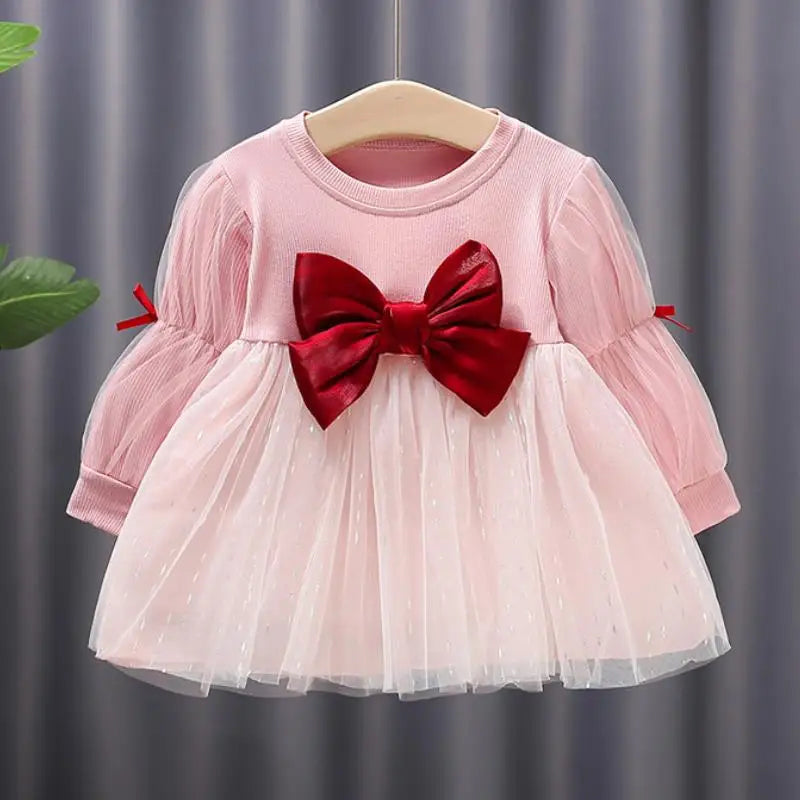 Girls' Long-Sleeved Bow Design Birthday Party Dresses