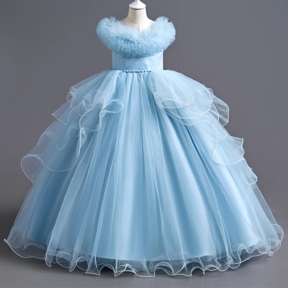 Kids Girls Long Fluffy Mesh Studded Grand Evening Party Dresses childrensterritory