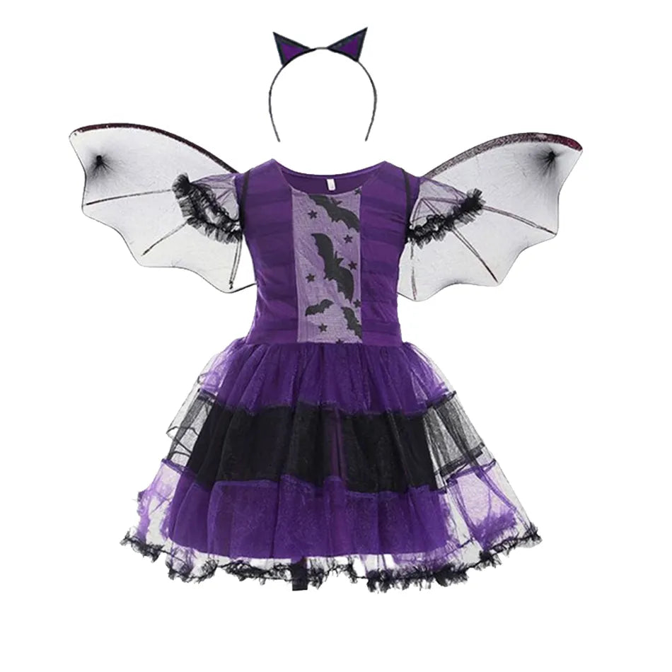 Kids Girls Vampire Witch Party Dress with Bag Headband Wings childrensterritory