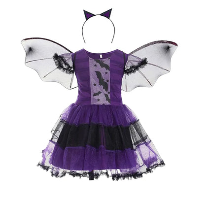 Kids Girls Vampire Witch Party Dress with Bag Headband Wings childrensterritory