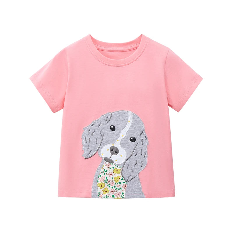 Kids Girls Cartoon Dog Embroidery Summer Pink Top childrensterritory