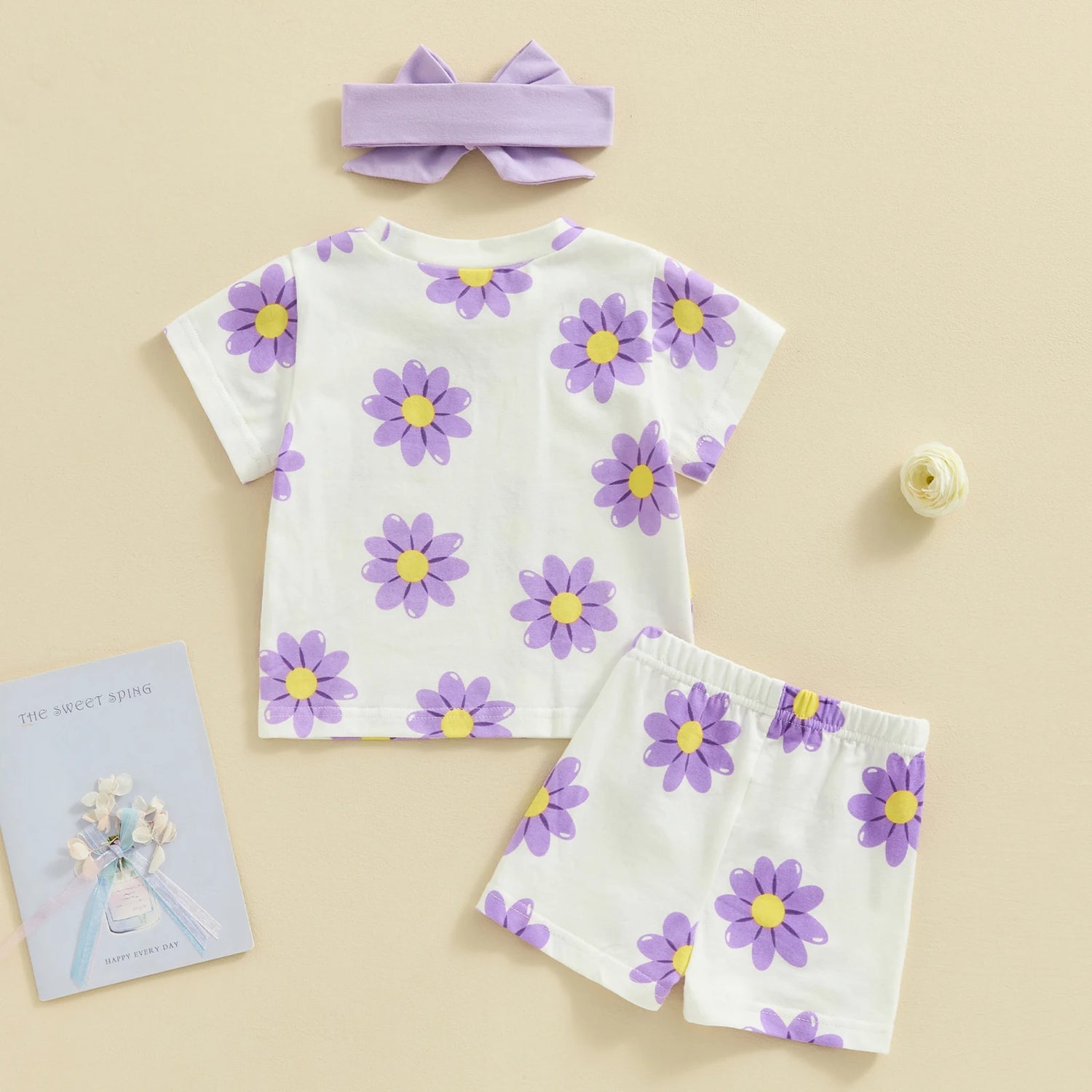 Flowers Print Baby Girls 3pcs Short Sleeve Tops Shorts Hairband Set childrensterritory