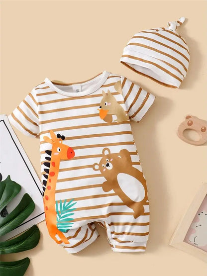 Cartoon Animal Print Romper with Cap for Baby Boy