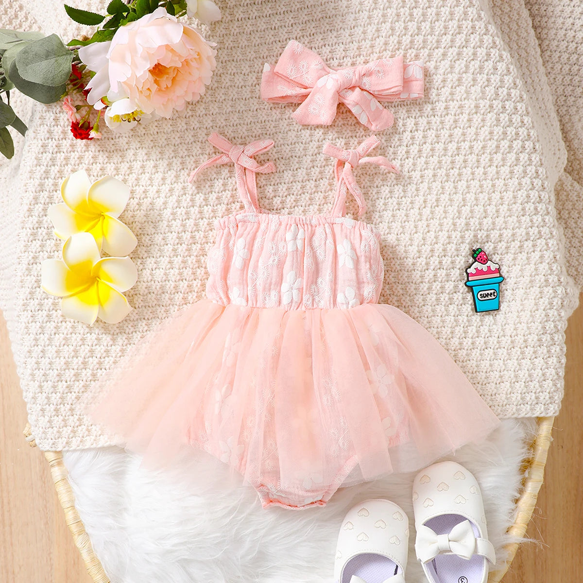Baby Girl Pink Tulle Romper Dress with Headband