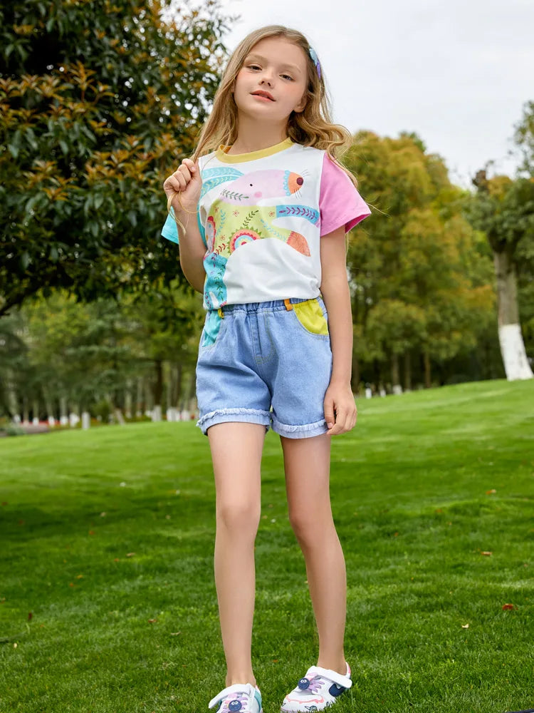 Kids Girls Cartoon Printed T-shirt and Denim Short Set childrensterritory