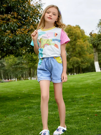 Kids Girls Cartoon Printed T-shirt and Denim Short Set childrensterritory